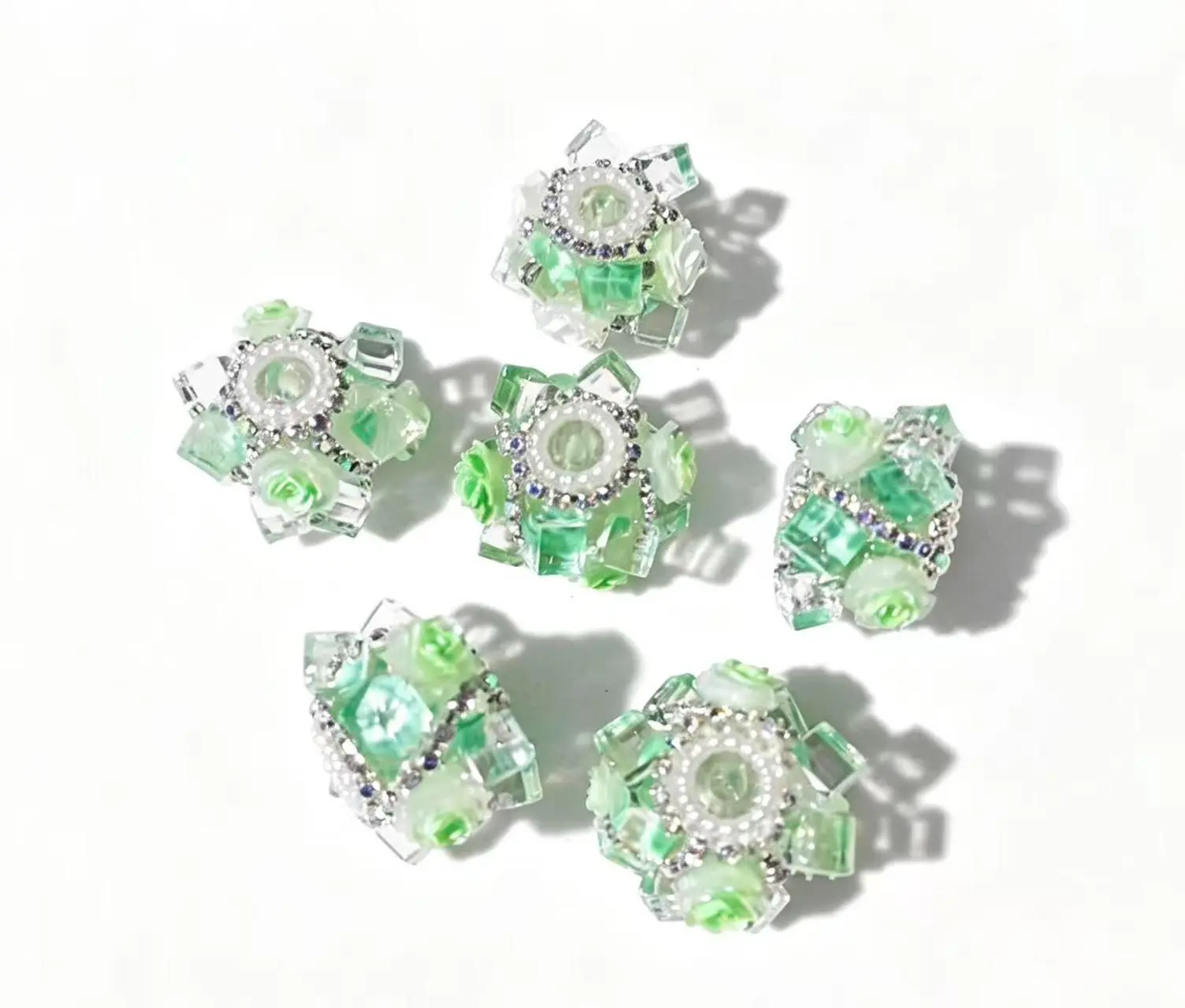 (NO.132) 6pcs Light Green Rose Cube Rhinestone Beads - 20mm Transparent Resin Craft Beads for Fashion Accessories, Costume Jewelry, Keychains
