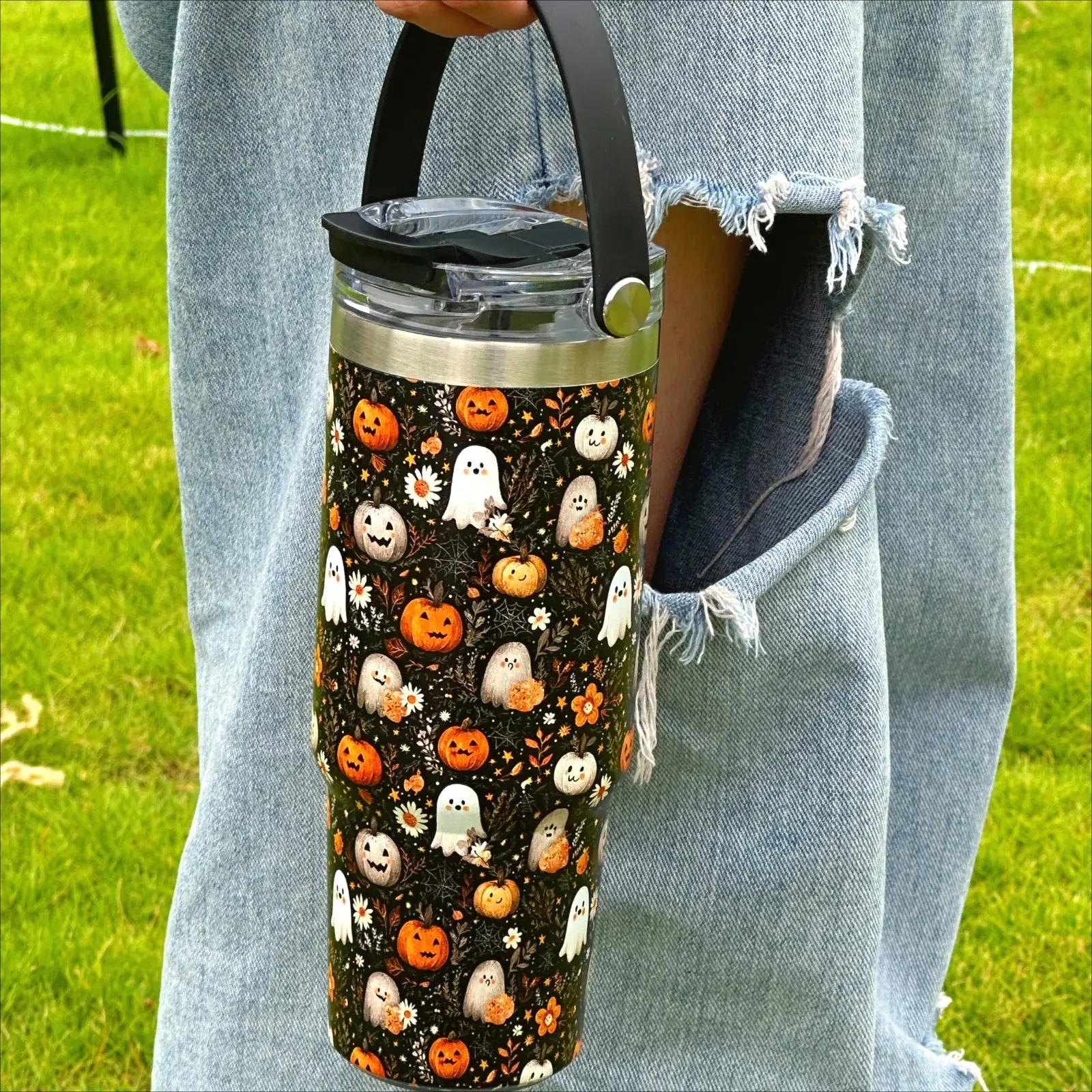 1 Pc 30oz insulated mug, Insulated, Drinkware Tumbler, double wall vacuum cup, Insulated water cup, Halloween ghost pattern, leak-proof lid, keeps warm 12h cold 24h, fall holiday tumbler gift for women men, spooky style for October decor