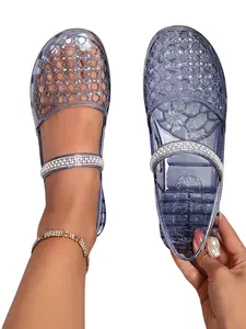 Summer Women's Crystal Cutout Slip-On Water Drill Jelly Shoes, Breathable Hollow Out Design, Casual Style, All Seasons Wear