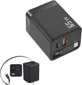 Retractable Charger, 65W Retractable USB C Charger with Type-C Cable and QC18W PD30W Port, PD PPS Fast Charging Block with Foldable Plug for iPhone 17 16 15 14 13 12 11, Galaxy, LG, Pixel, Tablet