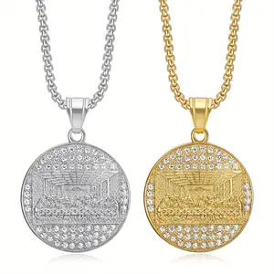 Men 14K Gold-Plated Stainless Steel Cubic Zirconia Geometric Apostles Pendant Necklace Hip-Hop Encrusted Streetwear Accessory