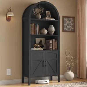 ONBRILL 71" Tall Arched Bookshelf 5-Tier with Door & Storage Cabinet Farmhouse Style Adjustable Shelves Freestanding Wood Bookcase for Home Office