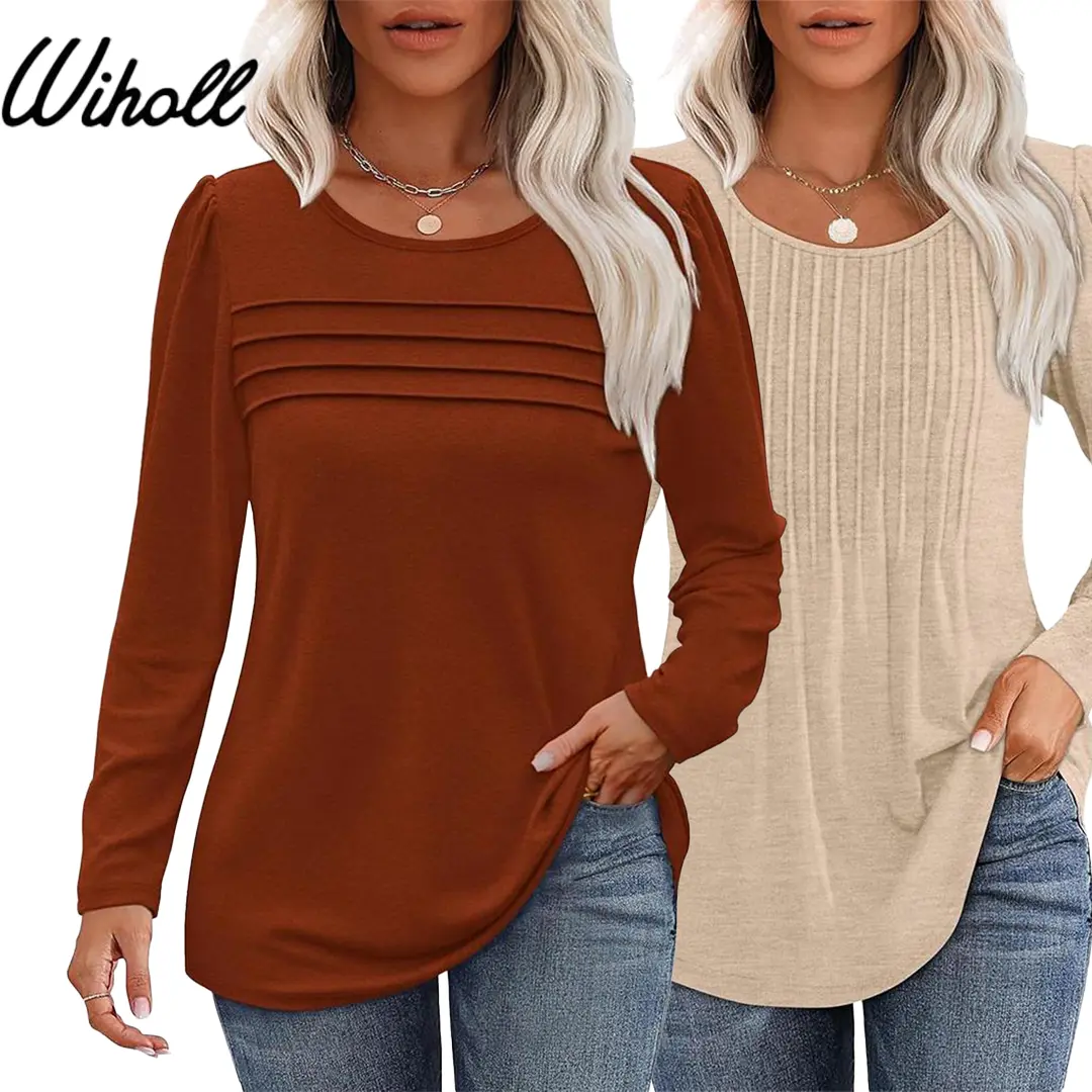 WIHOLL Fashion Crewneck Pleated Tunic Tops for Women Soft Breathable Long Sleeve Blouses Dressy Casual Wear with Leggings Ultra Soft Pleated Tunic Top for Fall Essential Chic Shirts Womenswear