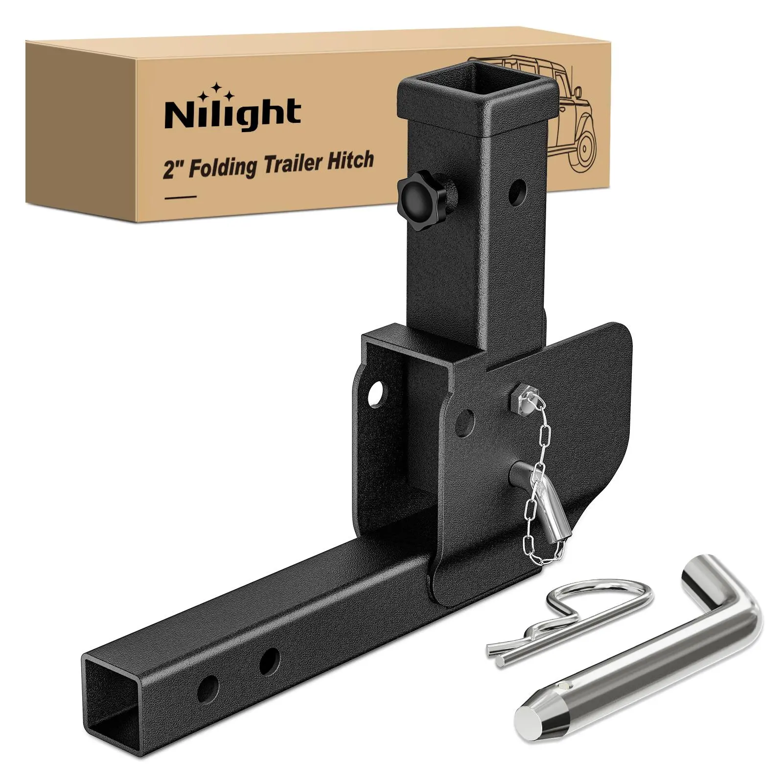 Nilight Folding Trailer Hitch Extender Mount Shank, 16.54in & 19.67in Options, Compact Design, 500lbs Capacity, Black Powder Coated, Easy Installation, for 2in Receiver, SUV/Trucks, Outdoor Use, Wheelchair Cargo Carrier Adapter Compatibility