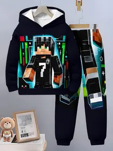 Kids Casual Hoodie Set, Trendy Game Style, Pixel 7 Character Print, Fitted Design, All Seasons Wear, Random Pattern, Hoodies