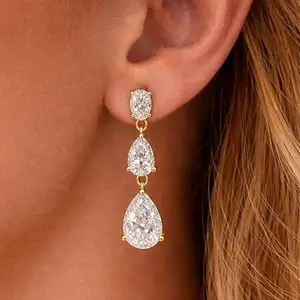 ChicBloom B Gold Dangle Earrings for Women Dainty Cubic Zirconia Long Dangling Wedding Earrings for Brides Wedding Jewelry for Brides