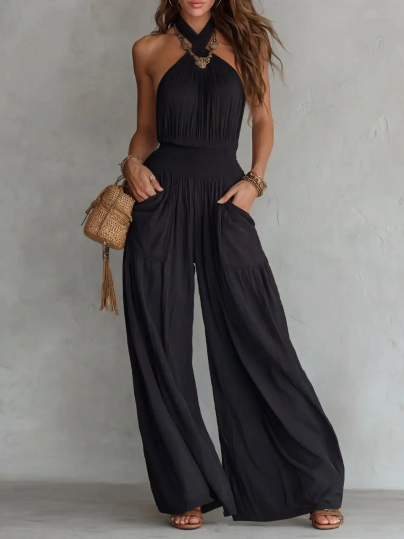 Fashion New Plain Women's Jumpsuit, Boho Style Bohemian, Backless Sleeveless Wide Leg Pants with Pockets, Casual Beach, Trendy Streetwear Vibe