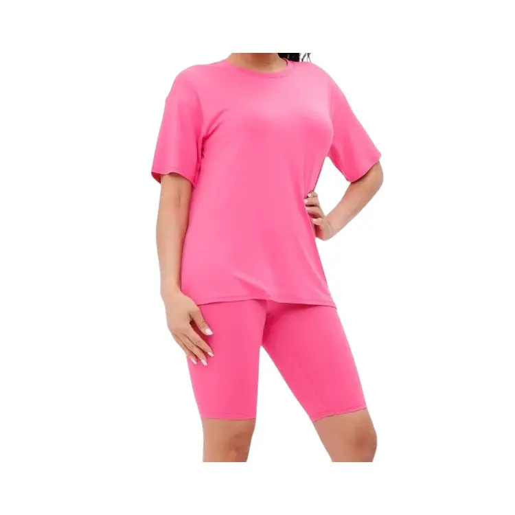 Big Sisters/Sisterhood Brushed DTY V-Neck Tee & Biker Shorts Lounge Set in Pink for Comfortable Wear - Soft and Smooth Fabric, Casual Wear