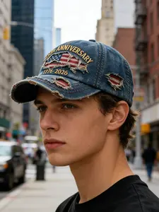 Spring New 250th Anniversary Denim Baseball Cap Snapback Hat, Hats Snapback, Digital Print, Unisex, American Flag, Vintage Washed, Casual Outdoor Wear