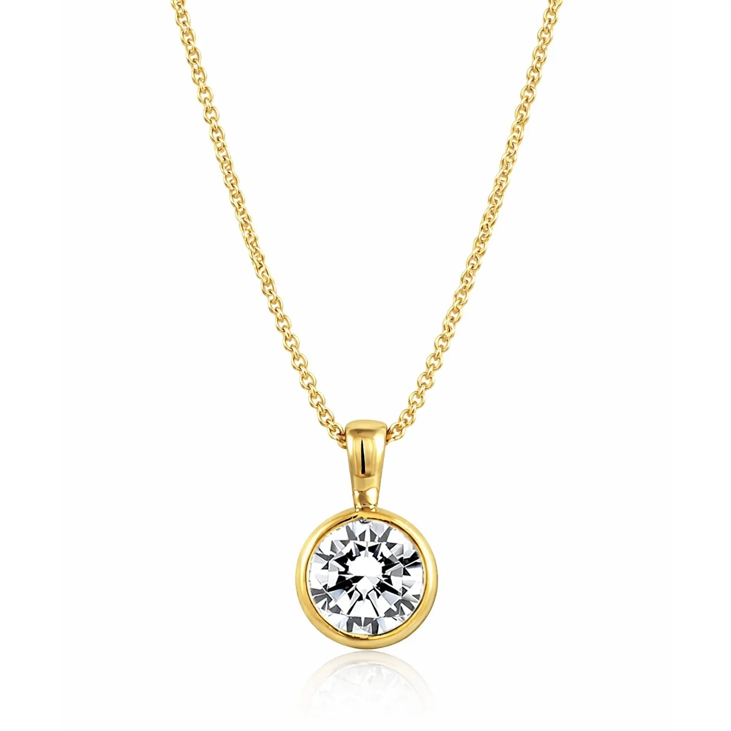 BERRICLE Sterling Silver Solitaire Pendant Necklace for Women, 1.25 Carat Bezel Set Round Cut Cubic Zirconia CZ 16 inch, Yellow Gold Flashed/Rhodium Plated