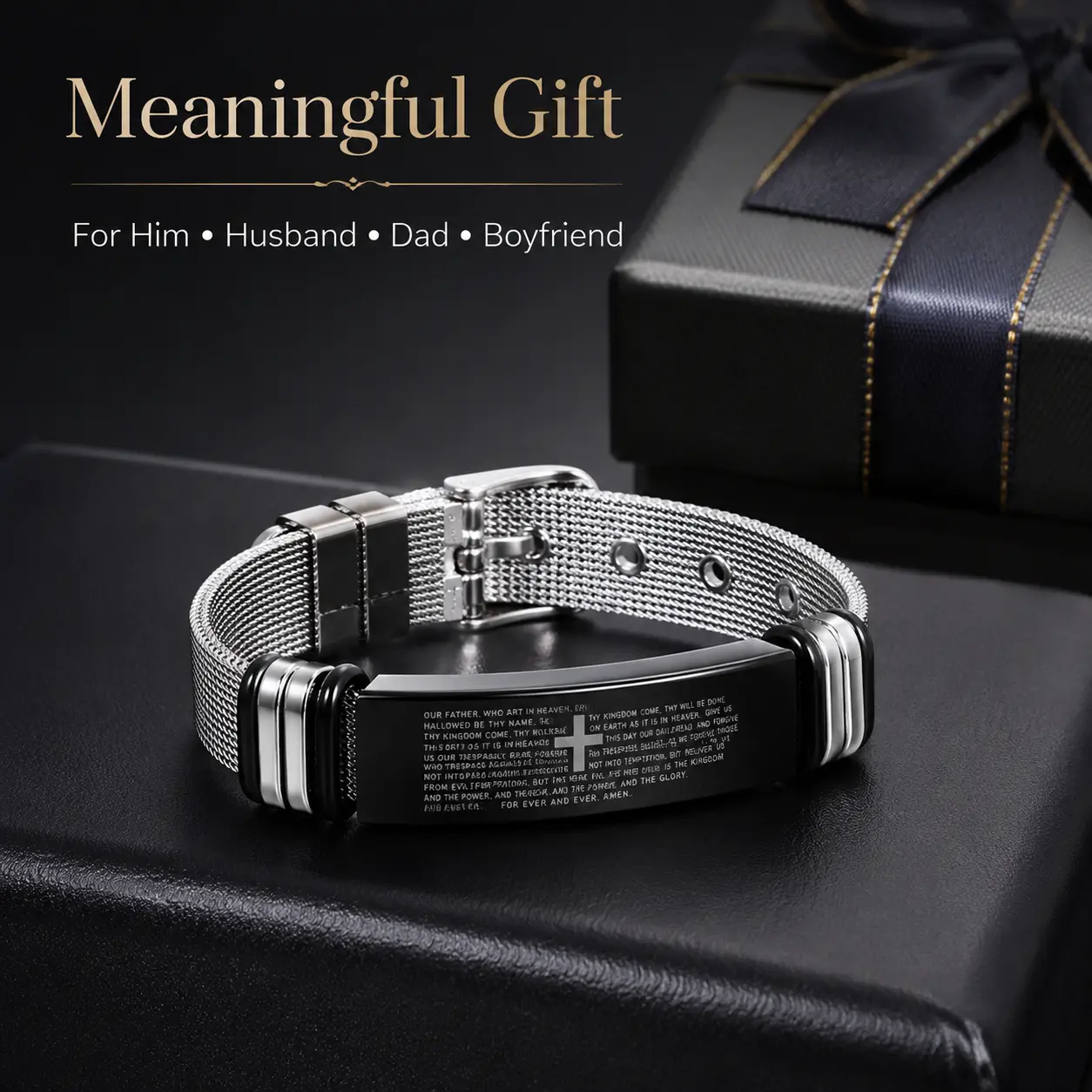 Men's Christian Stainless Steel Mesh Adjustable Fit Bangle Cross Bracelet - Engraved Inspirational Jewelry with Black Blessed Cross Accent, Father's Day Gift for Husband, Cross Bracelets, Gifts For Boyfriend