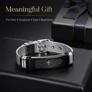 Faith Cross Prayer Bracelet for Men, Stainless Steel Mesh Adjustable Wristband, Engraved Religious Gift for Husband, Dad, Boyfriend
