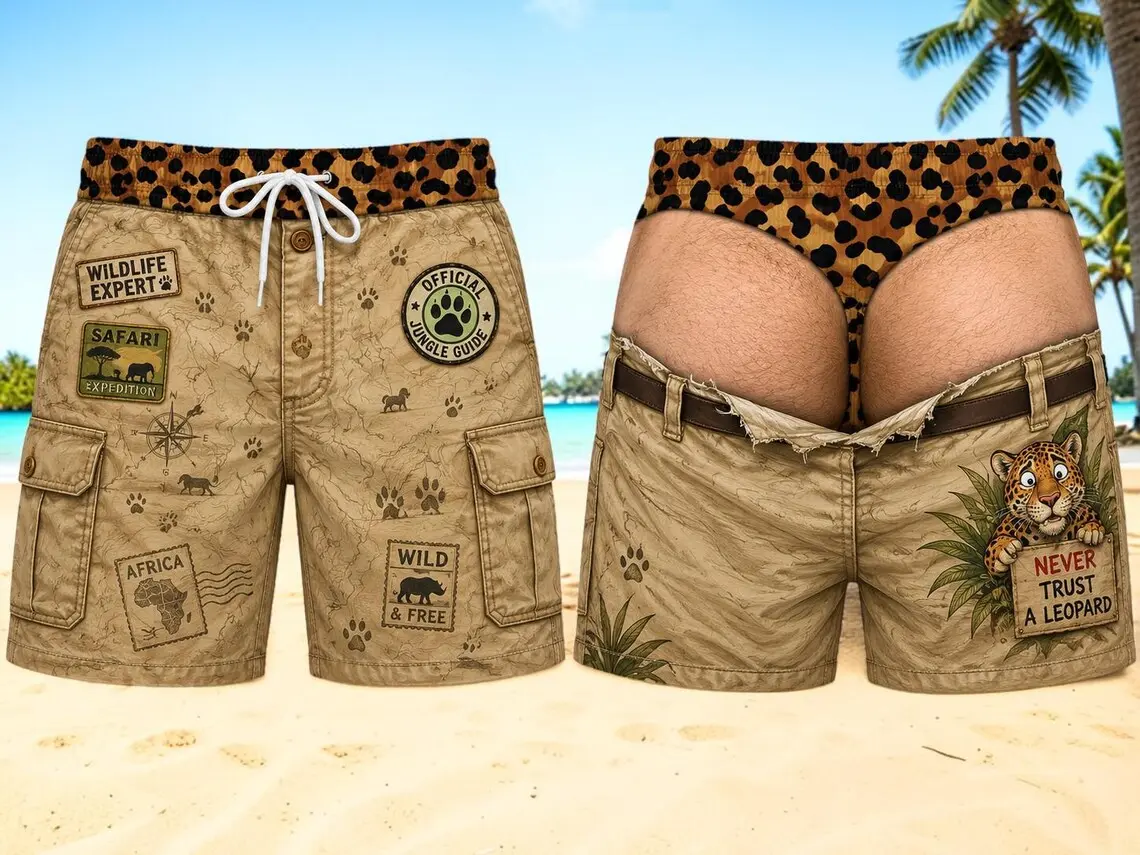 Personalized Safari Beach Shorts, Funny Jungle Novelty Swim Trunks for Men, Wildlife Gag Gift for Him, Summer Beach Vacation Outfit Trip Fun
