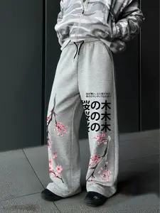Men's Graphic Floral Sweatpants, Cherry Blossom Pattern Print, Casual Street Style, Fashionable Must-Have, Fall Winter Comfort Straight Leg Pants, Casual Loose Comfy