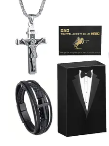Father's Day gift: Jesus Christ Cross pendant necklace, woven leather bracelet, cufflink bangle, cross magnetic clasp, 4-piece set, dad ring necklace with black gift box. Ideal for fathers, fathers-in-law, and new dads. Also suitable as a birthday gift.