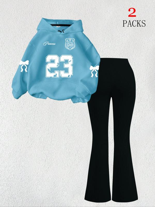 【FREE PERSOMALITY】Women's Warm Sweatshirt Set + Slim Fit Flare Pants, Casual Butterfly Print, Kangaroo Pocket, Fall & Winter