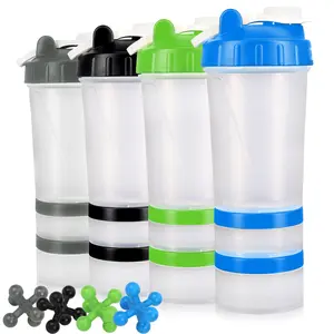 15 oz Protein Shaker Bottles for Protein Mixes Ball and 2 Interlocking Storage Jars for Pills, 100% BPA Free, Non Toxic and Leak Proof Sports Bottle