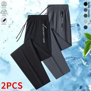 Men’s high-stretch ankle joggers, two-piece set with zippered pockets; stylish straight-leg design, breathable and lightweight for summer sports, outdoor activities, and everyday wear