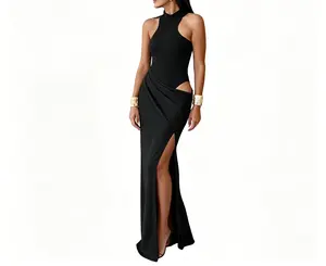 TK0933   Round Neck Sleeveless Patchwork Maxi Dress Fashion Cut-Out Bodycon Dress