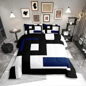 Feelyou Black and White Striped Comforter Set - Breathable Microfiber Decorative Bedding Set, Modern Geometric Abstract Square Quilt with Bold Lines for Teens & Adults, Breathable Duvet Set