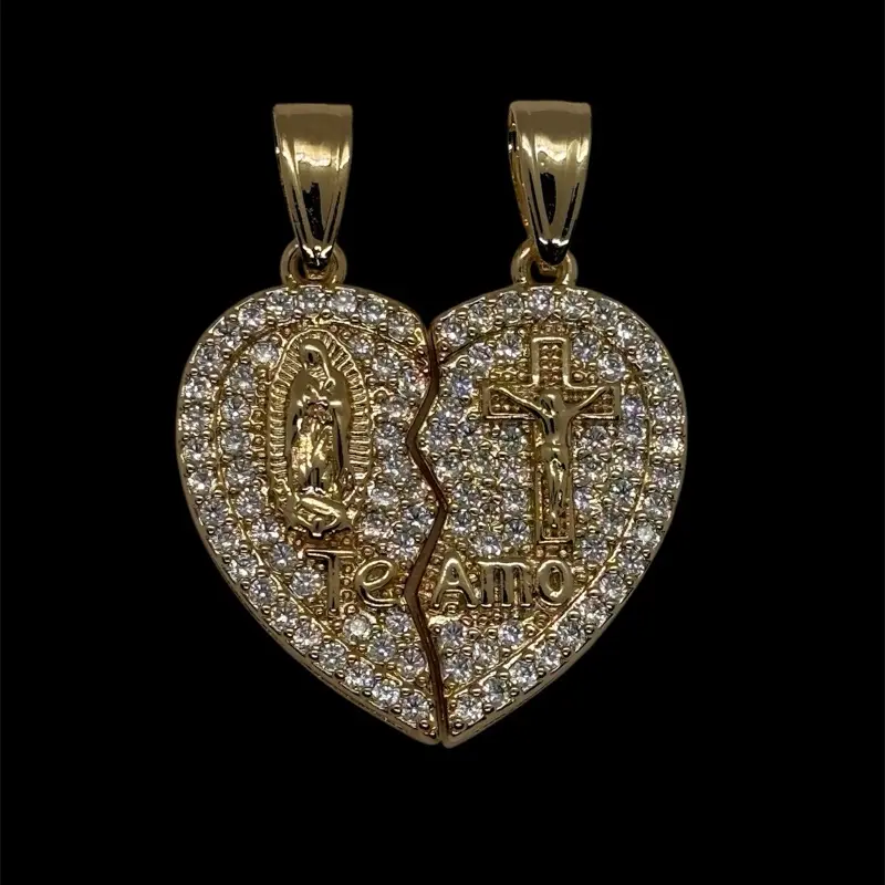 14k Gold Plated Virgin Mary and Cross Te Amo Couple Necklace Set Micro Pave - Virgen de Guadalupe y Cruz Collar para Parejas