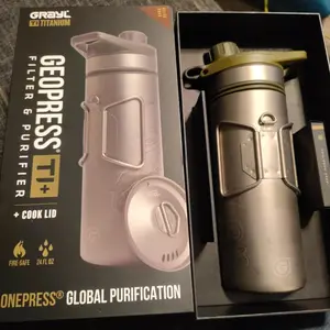 GeoPress Titanium 24 oz Water Purifier Bottle with Cooking Lid - Filter for Hiking, Camping (Olive Drab)