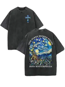 Retro Washed T-Shirt Double Sided Printed (230 Pure Cotton T-Shirt) 'GOD TURNS BROKEN PIECES'  Letter Print, Christian Gift, Fashionable T-Shirt, Street Style Cotton Menswear Top Vintage DistressedCouple style short sleeved shirt