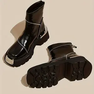 [BlackPlatformHeelBootiesZipper]Women'sSquareToeAnkleBootieswithZipperClosure-SolidBlackPlatformHeelBootswithRubberSoleandFabricInsole-HandWashable/DryCleanableMan-MadeUpperMaterial