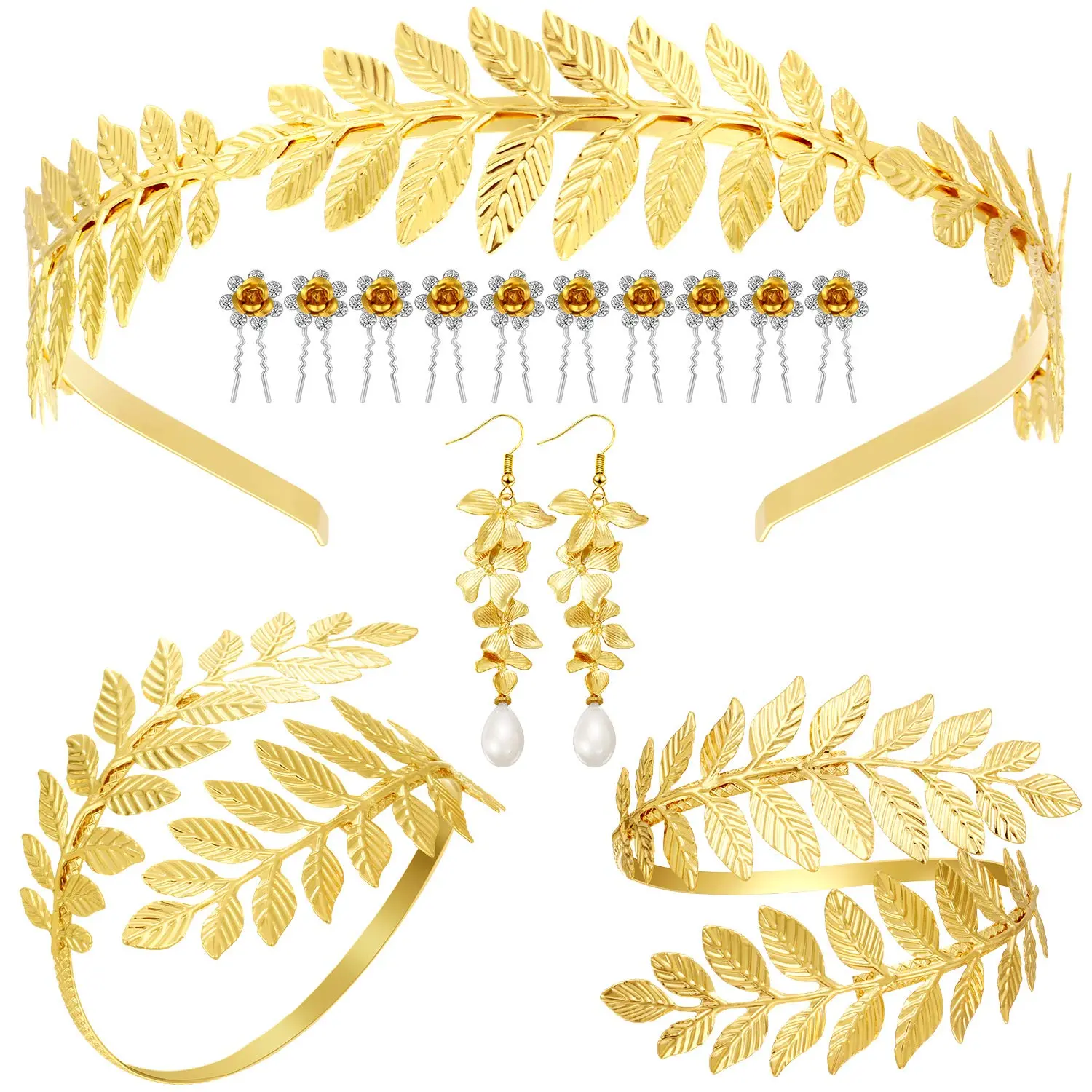 15Pcs/Set Greek Goddess Costume Accessories,Including Women Toga Golden Leaves Bridal Crown Headband Bracelet Pearl Earrings and Hair Pins,Christmas Party Gifts,Hand Tools Kits