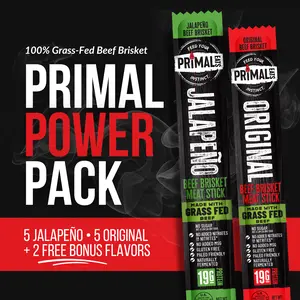Primal Eats Power Pack + 2 FREE - 5 Jalapeño & 5 Original Grass-Fed Beef Brisket Meat Sticks - High Protein, No Sugar, No MSG, Travel-Friendly Snack