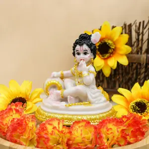 Baby Krishna for Car Dashboard - 4.1" H Marble Color Polystone Hindu God Lord Krishna Figurine for Vehicle Decor Diwali Birthday Pooja Gift for Indian Home Temple Mandir Altar Puja Item