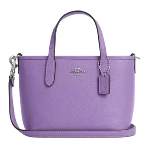 COACH City 15 Pebbled Leather Tote Bag with Logo Hardware for Women in Purple