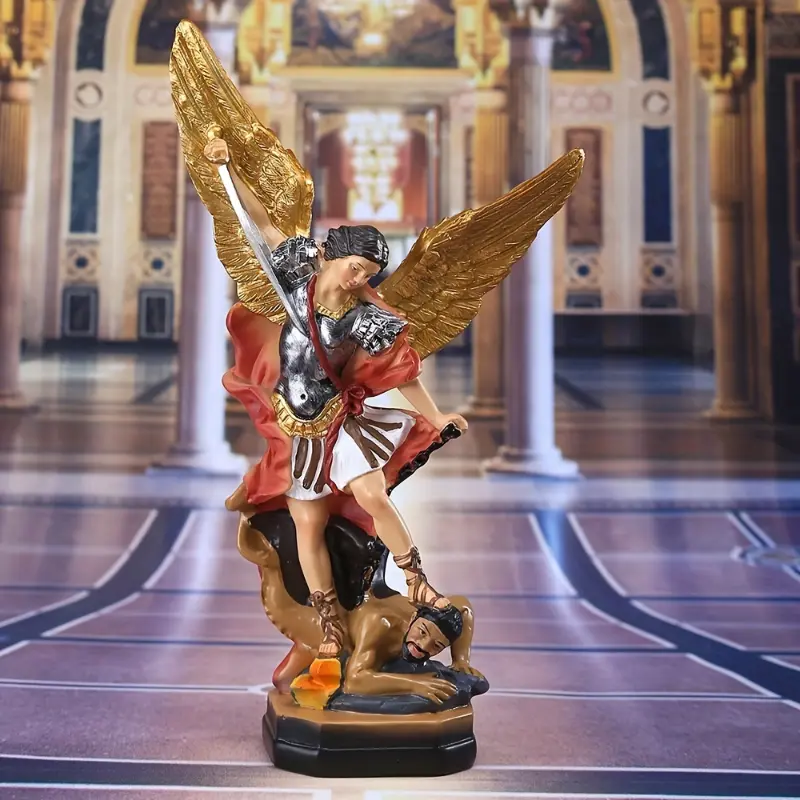 [Saint Michael Archangel Figurine] 1pc Classical Resin Horseback Angel Warrior Statue, Religious Home Decor, Room Decor, Christmas Gift, Multicolor Fish Ornament