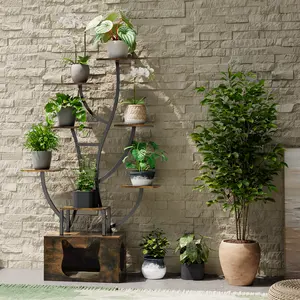 DWVO Tree-Shaped Plant Stand with Cat House, Multi-Tier Display Shelf with Full-Spectrum Grow Light, Space-Saving Storage for Living Room, Rustic Brown