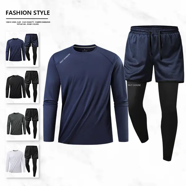 Men's stylish sports two-piece set, featuring a long-sleeve top with mesh panels and shorts or leggings made from quick-dry fabric that wicks sweat away and keeps you dry and comfortable. The letter details add a trendy touch, while the drawstring waistba