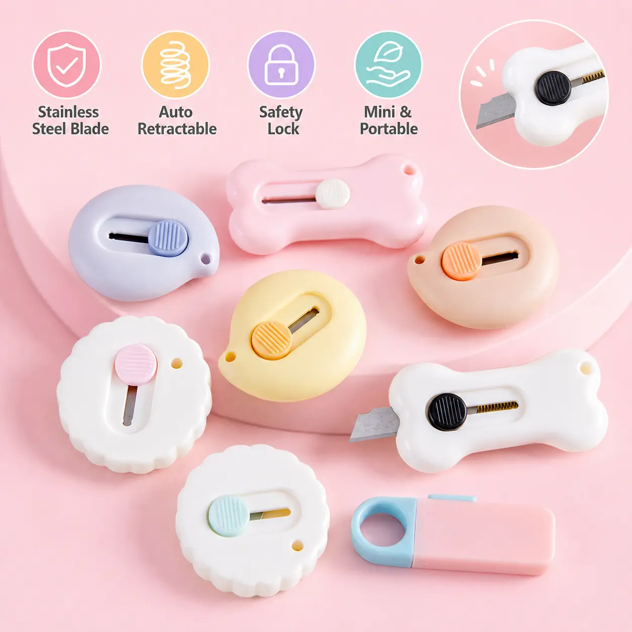 Mini Utility Knife, Retractable Stainless Steel Blade Portable Cute Cartoon Shape for Parcel Opening Paper Cutting Daily Office Stationery Use