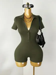 Casual Polo Collar Ribbed Short Jumpsuit, Slim Fit Romper for Brunch & Errands, Sporty Style, Non-Placket Design, Plain Surface