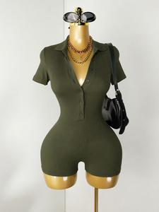 Women's Plain Ribbed Button Front Romper, Elegant Casual Short Sleeve Romper for Summer, Fashion Women's Clothing for Daily Wear,  Overalls for Women