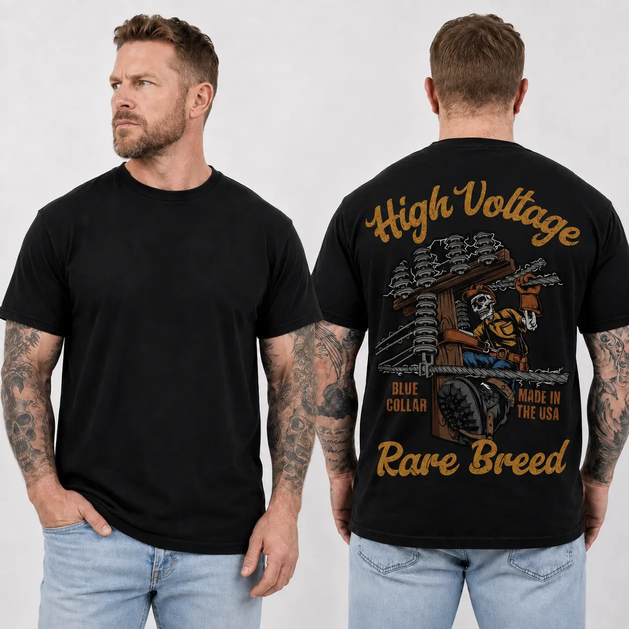 Lineman Shirt High Voltage Rare Breed Tee, Fathers Day Utility Worker Tshirt, Blue Collar Electrician Gift For Men, Unisex Casual Graphic T-Shirts Classic Cotton