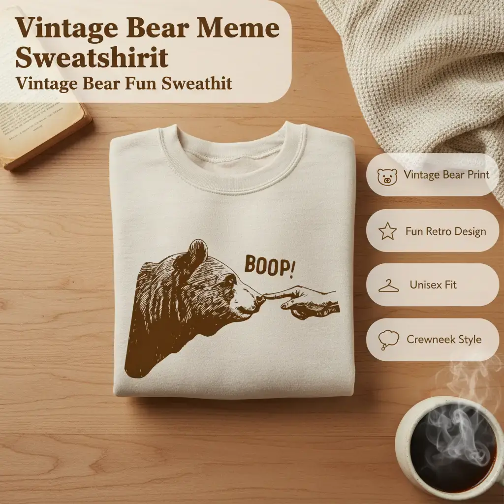 Funny 'Boop' Bear Graphic Sweatshirt, Unisex Vintage Crewneck Pullover Top, Casual Retro Cotton Polyester Meme Apparel