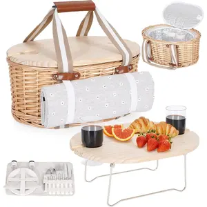 Picnic Basket Set for 2 - Wicker Insulated Picnic Basket with  Blanket, Folding  Picnic Table & Cutlery Kits, Picnic Baskets Kit for Camping, Outdoor, Valentine (White Flower)