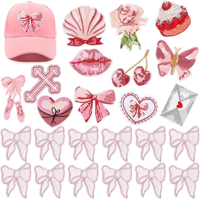 24 Pcs Coquette Patches Sew on Iron on Patches Pink Ribbon Bow Patches Aesthetic Cherry Rose Cake Cross Patch Clothes Sewing Decorating DIY Craft Patches for Decorate Dress Towel Clothes
