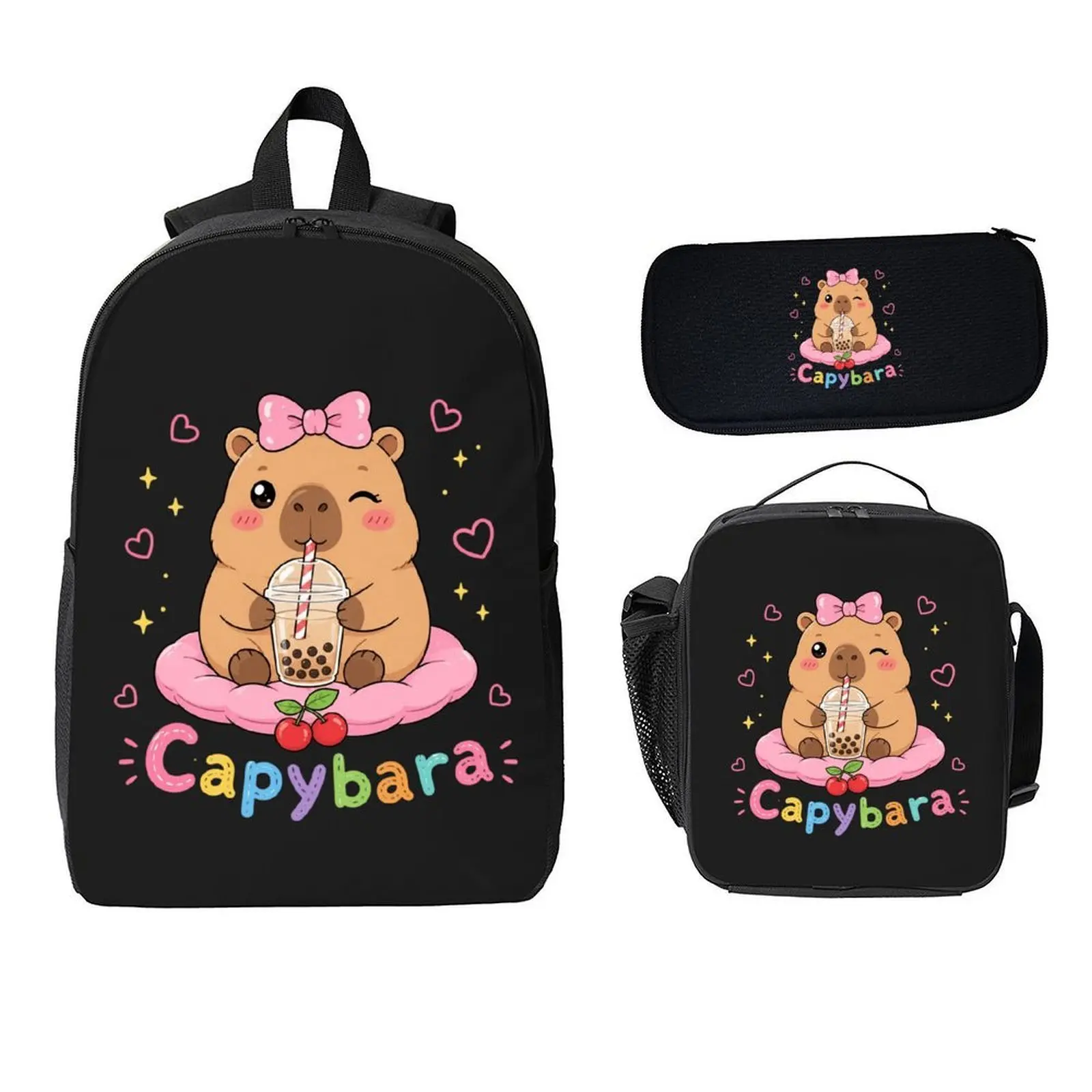 Cute Capybara Print Schoolbag Backpack Set 3-Piece Kids School Backpack Lunch Box Pencil Case Schoolbag For Daily Adult  Woman Girls Granddaughter Back To School Gift Supplies Fashionable Pattern Practical Personalized Single-Layer