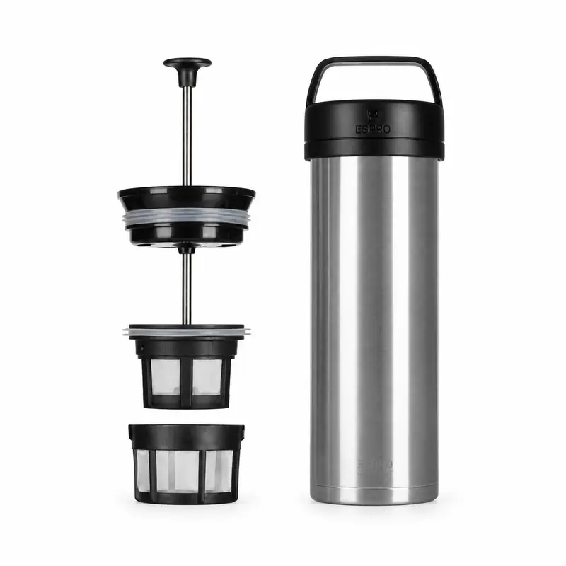 Espro P0 Ultralight Insulated Brushed Stainless Steel Camping French Press Metal Coffee Maker - 16 oz Compact Design Round Carafe with Mesh Filter for Coffee, Tea