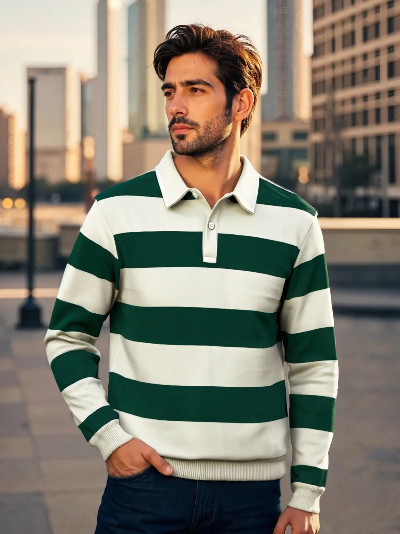 Men's casual striped simple lapel buttoned long-sleeved POLO shirt base layer, loose fit, skin-friendly and breathable, suitable for daily casual golf office wear，