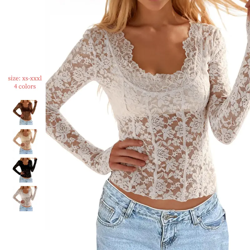 Mundoven Women's  Valentine's day Sheer Floral  Mesh Lace Long Sleeve Top Wide Scoop Neck Fitted Blouse with Scalloped Trim