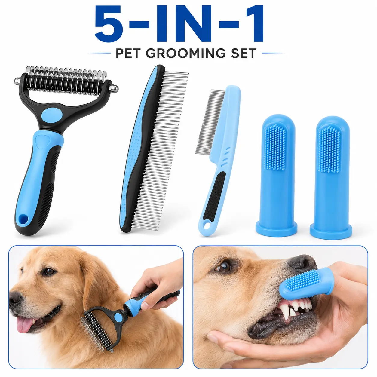 5-Piece Stainless Steel Pet Grooming Kit for Dogs & Cats - Deshedding Brush, Dematting Comb, Flea Comb, Finger Toothbrush Set for Loose Hair, Mats, Removes Fleas, Dental Care, Coat Finishing, Comfortable Tools for Home Grooming