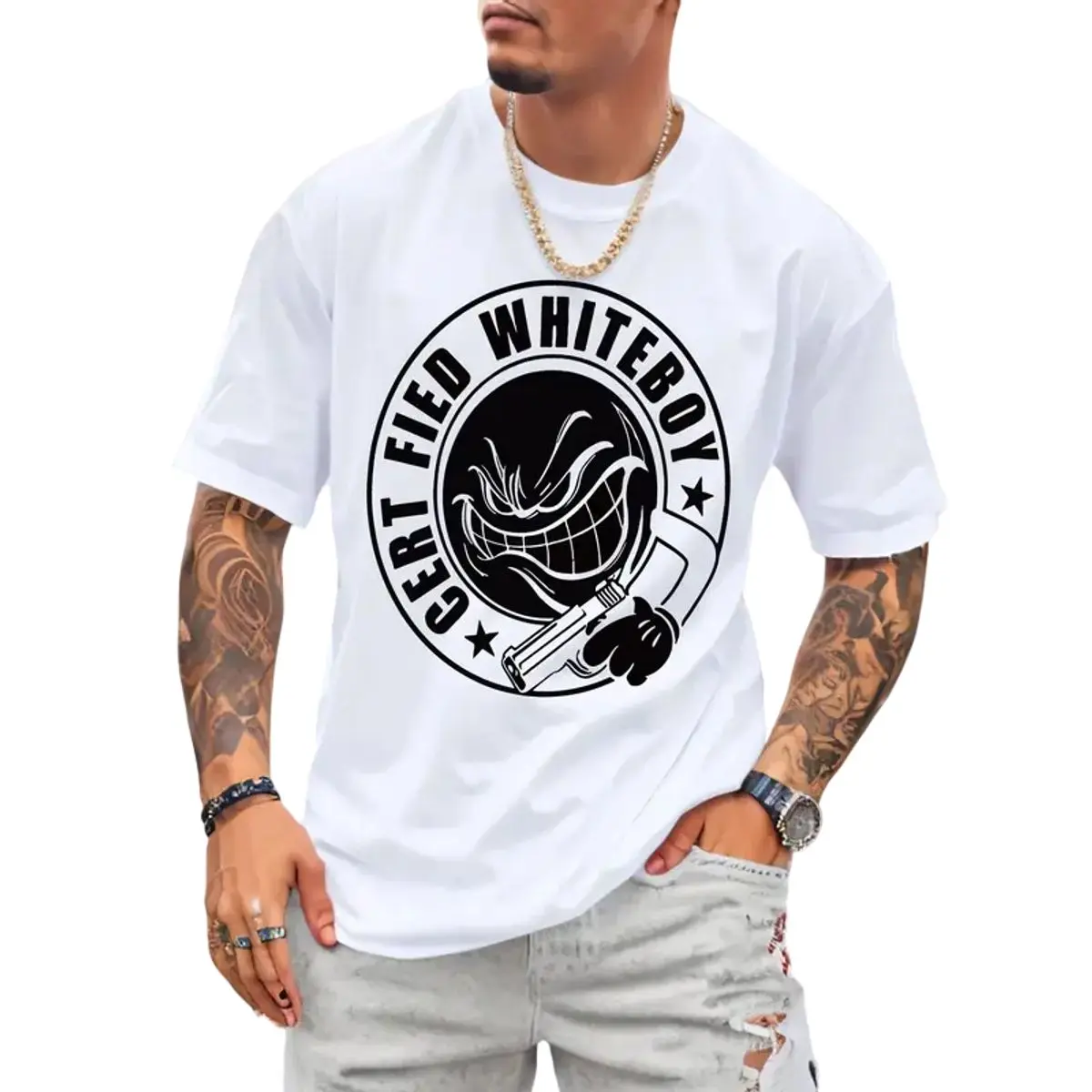 Cert Fied Whiteboy T Shirt, Urban Casual Short Sleeved Round Neck Hoodie, Suitable For Summer Sweatshirt, Spring, Unisex Sweater Pullover Tee