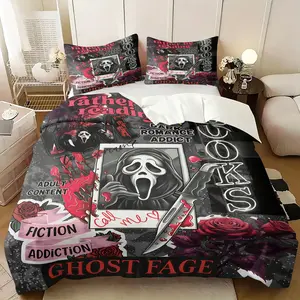 Ghost Face Horror Duvet Cover Set, Bedroom Bedding Set, Includes One Comforter Cover and 1/2 Pillowcases, Gothic Style Quilt Cover for Dark Romance Novel Lovers, Perfect for Horror Enthusiasts