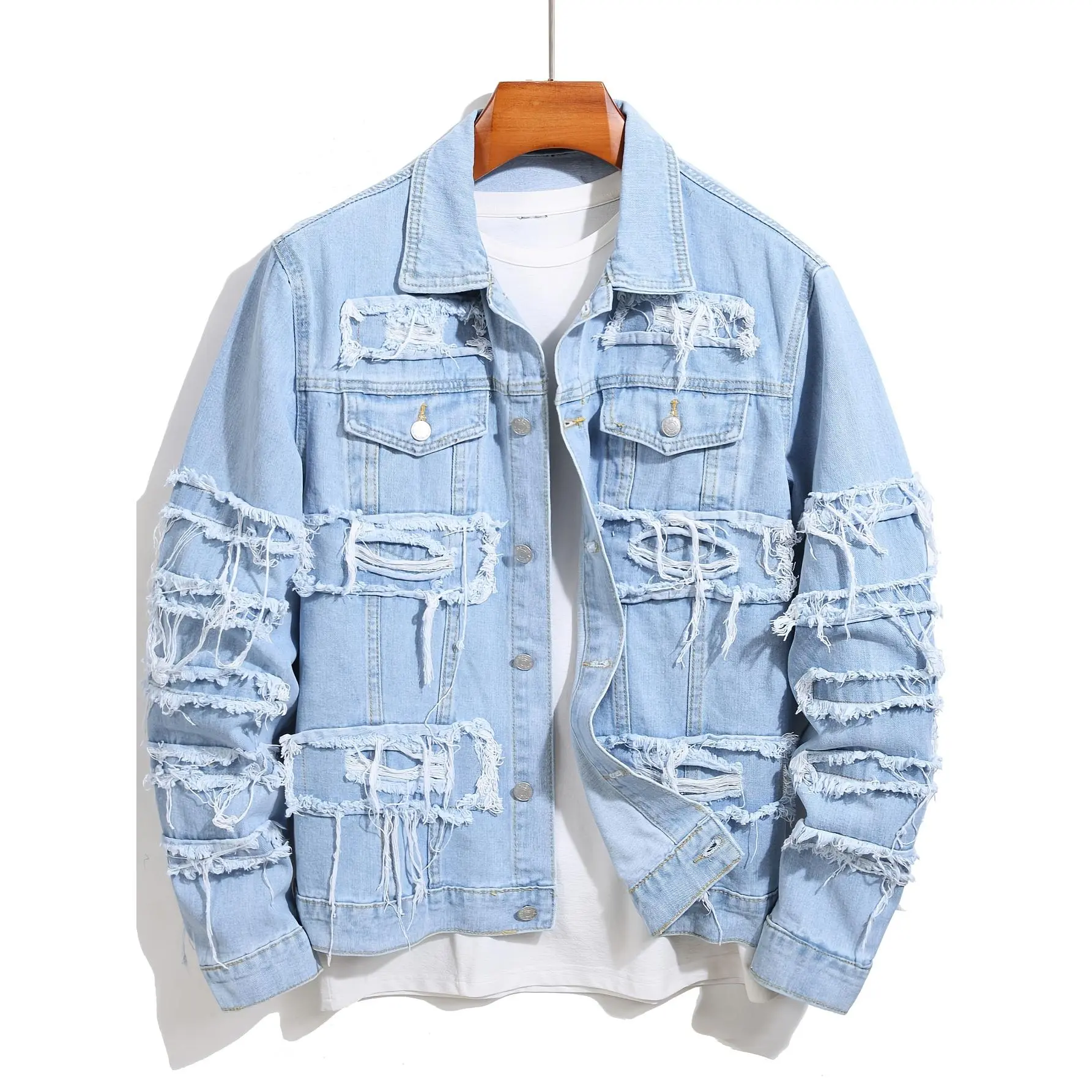 2024 Men's Plain Faux Denim Jacket - Korean-Style Menswear Top, Casual Trendy Tassel-Trimmed Coat, Coats, Tassels, Faux Denim Material, Fashion, Solid